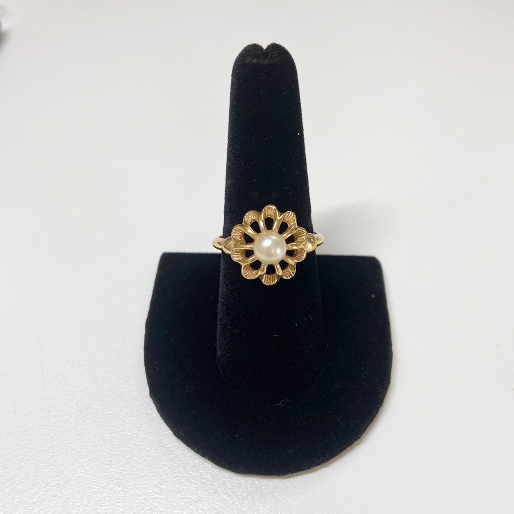 Vintage Avon Filigree Gold Pearl Flower Ring sz 8